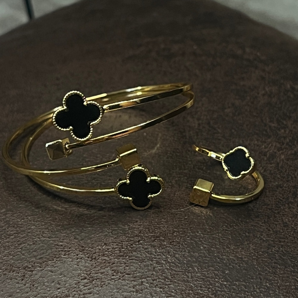 21K Gold Plated and Black Clover Jewelry Set